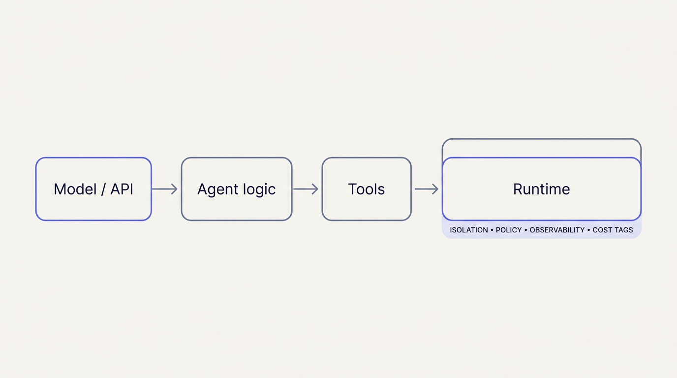 Diagram: model and agent logic connect to tools, which execute in a runtime bounded by isolation, policy, observability, and cost tags